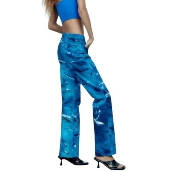 NWT ZARA Ocean Sea Life Fish Printed High Rise Straight Fit Jeans SZ 0 - Picture 1 of 12